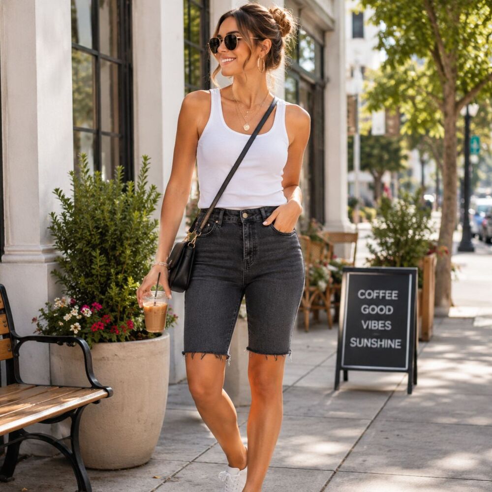 Wild Fable Black High Rise Bermuda Jean Shorts Women's 16 Raw Hem Stretch